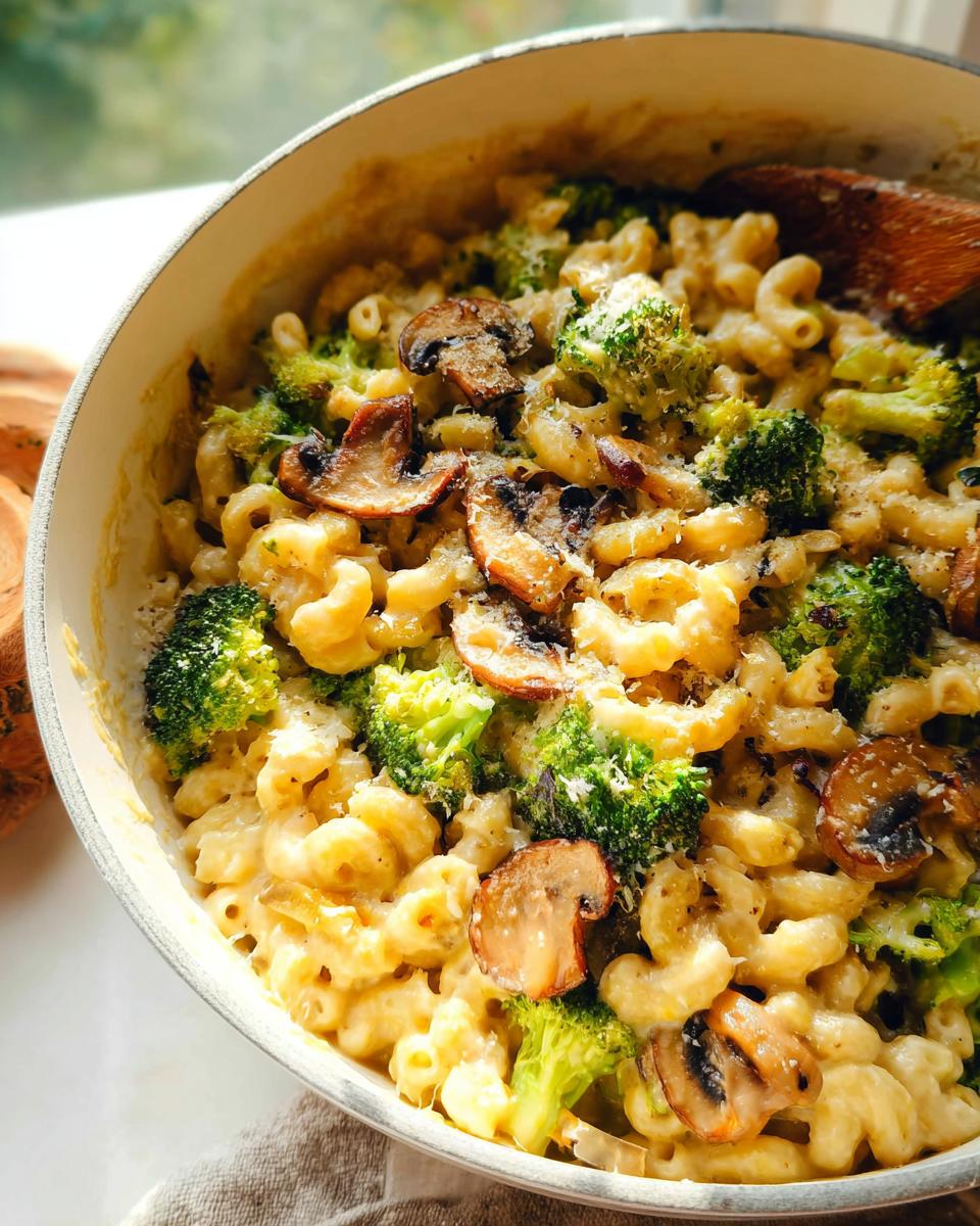 Close-up of Healthy One Pot Broccoli Mac & Cheese with mushrooms and grated cheese in a pot.