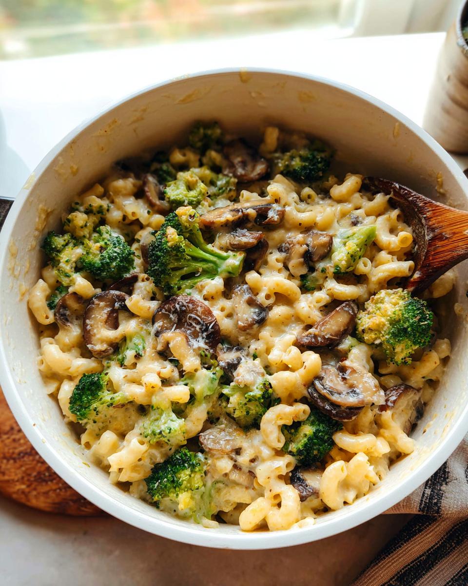 A bowl of Healthy One Pot Broccoli Mac & Cheese with elbow macaroni, broccoli florets, and sliced mushrooms in a creamy cheese sauce.
