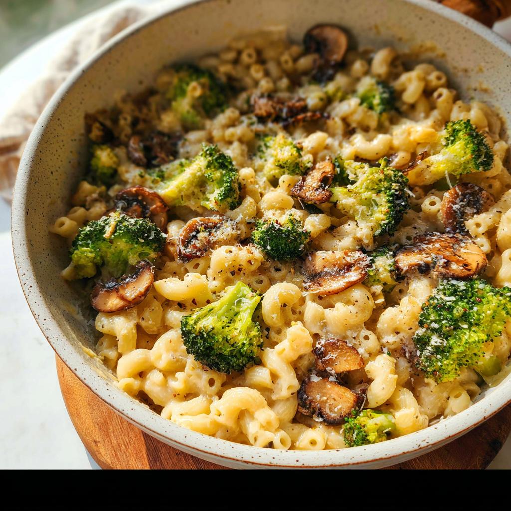 A close-up of a bowl filled with Healthy One Pot Broccoli Mac & Cheese, featuring elbow macaroni, florets of broccoli, and sliced mushrooms.