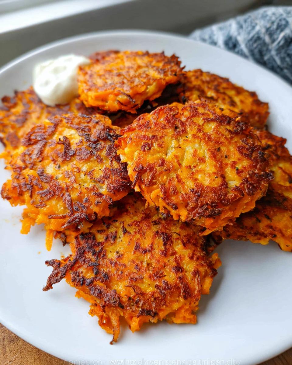 A plate of golden-brown, crispy Healthy Sweet Potato Hash Browns with a dollop of sour cream.