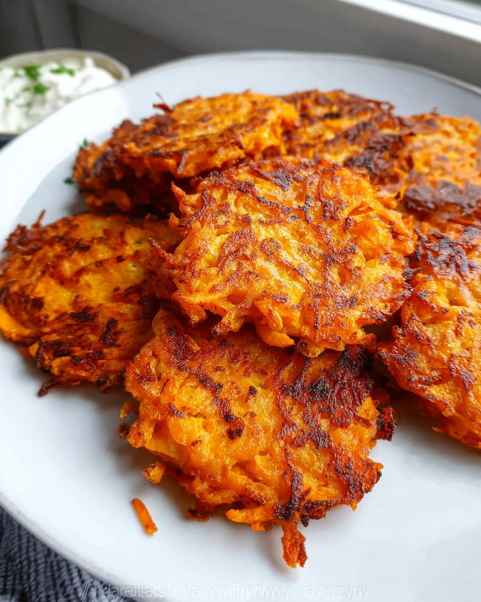 A pile of crispy, golden-brown Healthy Sweet Potato Hash Browns on a white plate, with a small bowl of dip in the background.