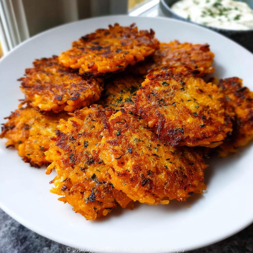 A pile of golden-brown, crispy Healthy Sweet Potato Hash Browns seasoned with herbs, served on a white plate.