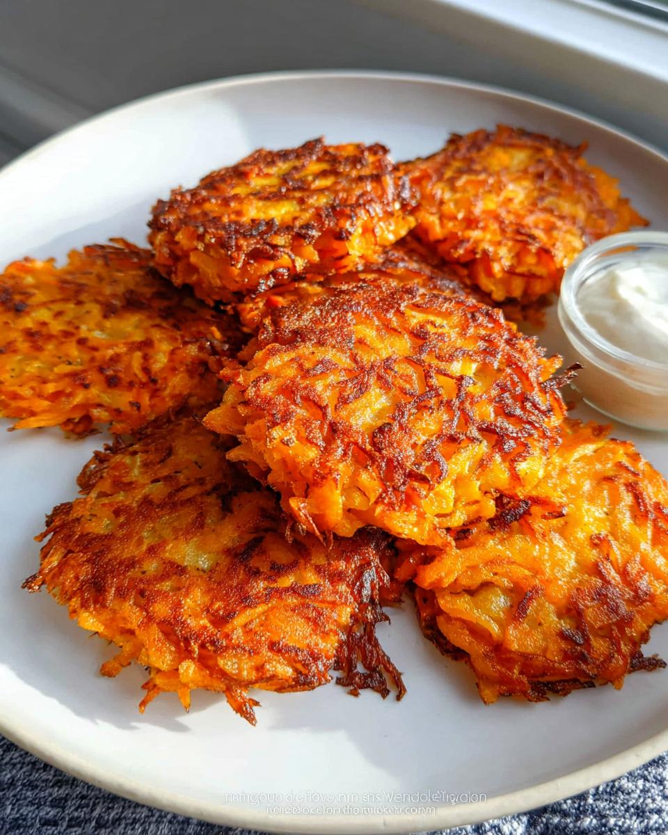A plate of crispy, golden-brown Healthy Sweet Potato Hash Browns served with a small dish of dipping sauce.