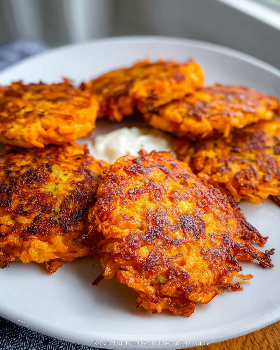 Close-up of crispy, golden Healthy Sweet Potato Hash Browns on a white plate with a dollop of dip.