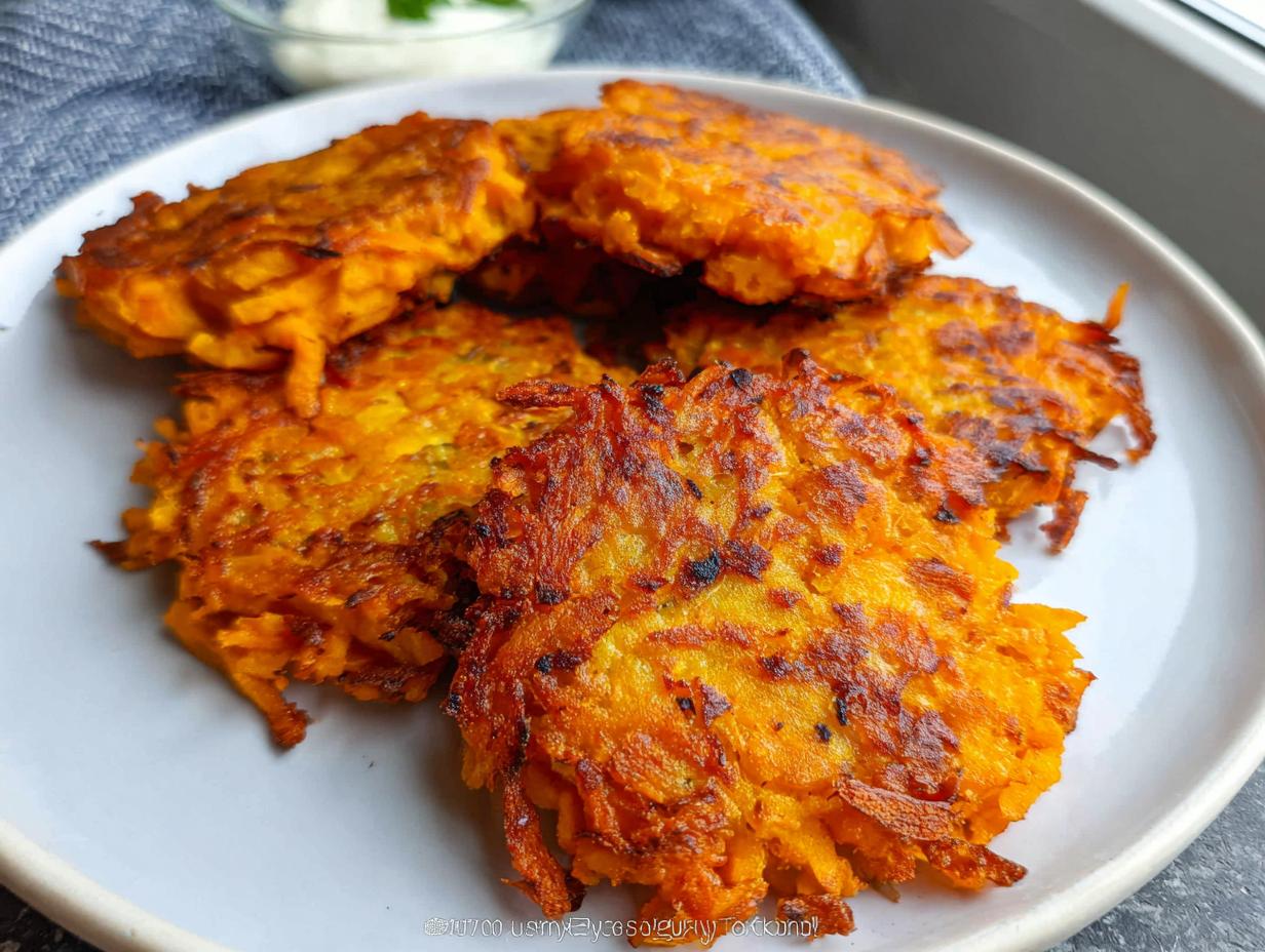 A plate of golden-brown, crispy Healthy Sweet Potato Hash Browns, with a small bowl of dip in the background.