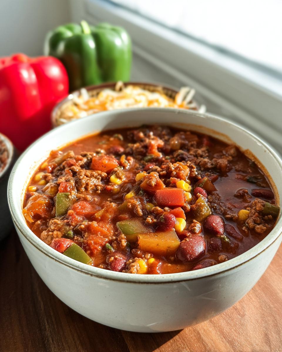 A close-up of a bowl filled with hearty Cowboy Soup, featuring ground beef, beans, corn, and diced vegetables.