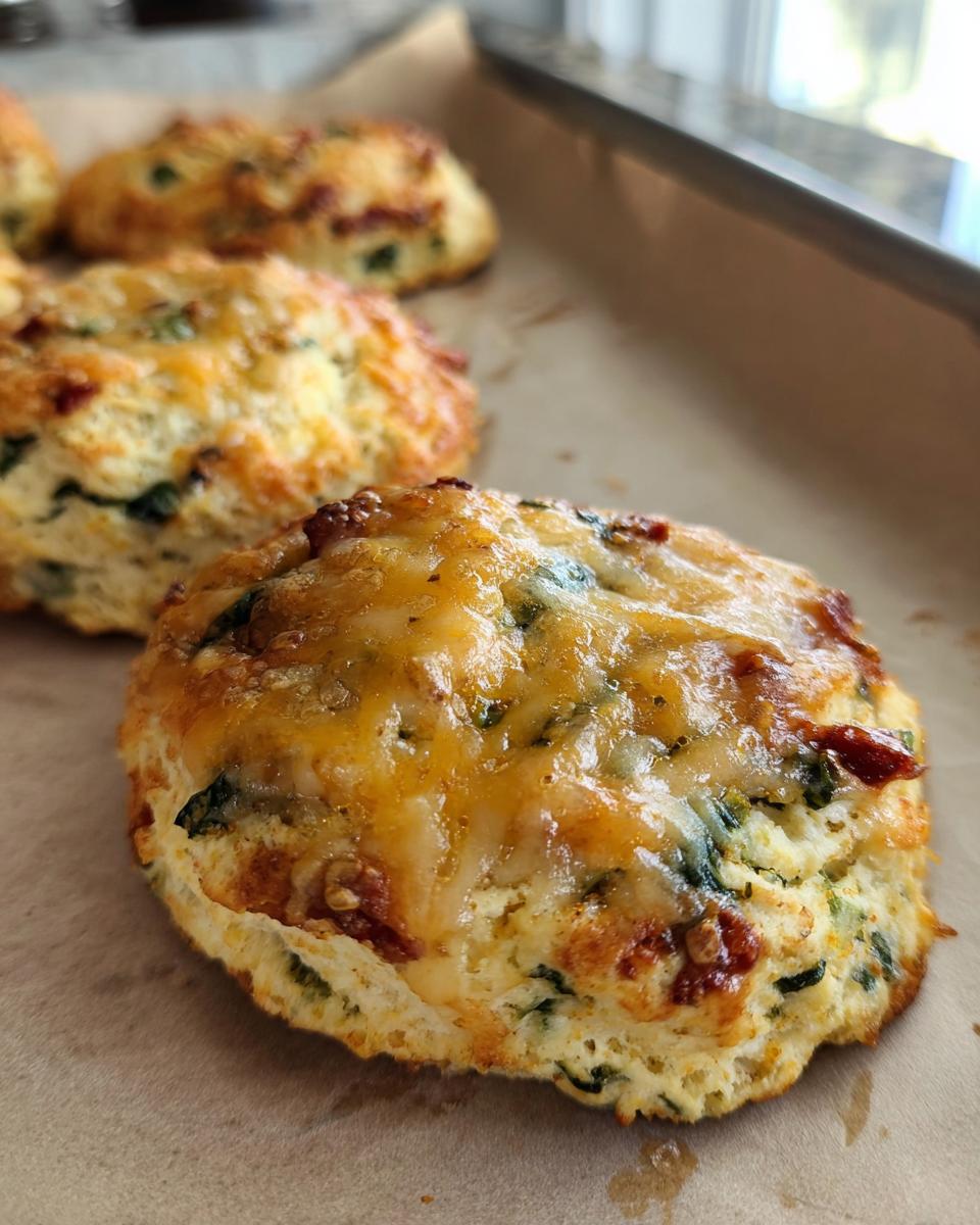 Close-up of golden-brown High Protein Breakfast Biscuits topped with melted cheese and sun-dried tomatoes.