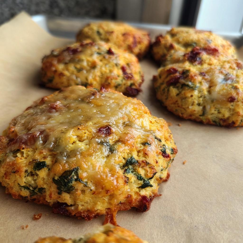 Close-up of golden-brown High Protein Breakfast Biscuits topped with melted cheese and visible herbs.