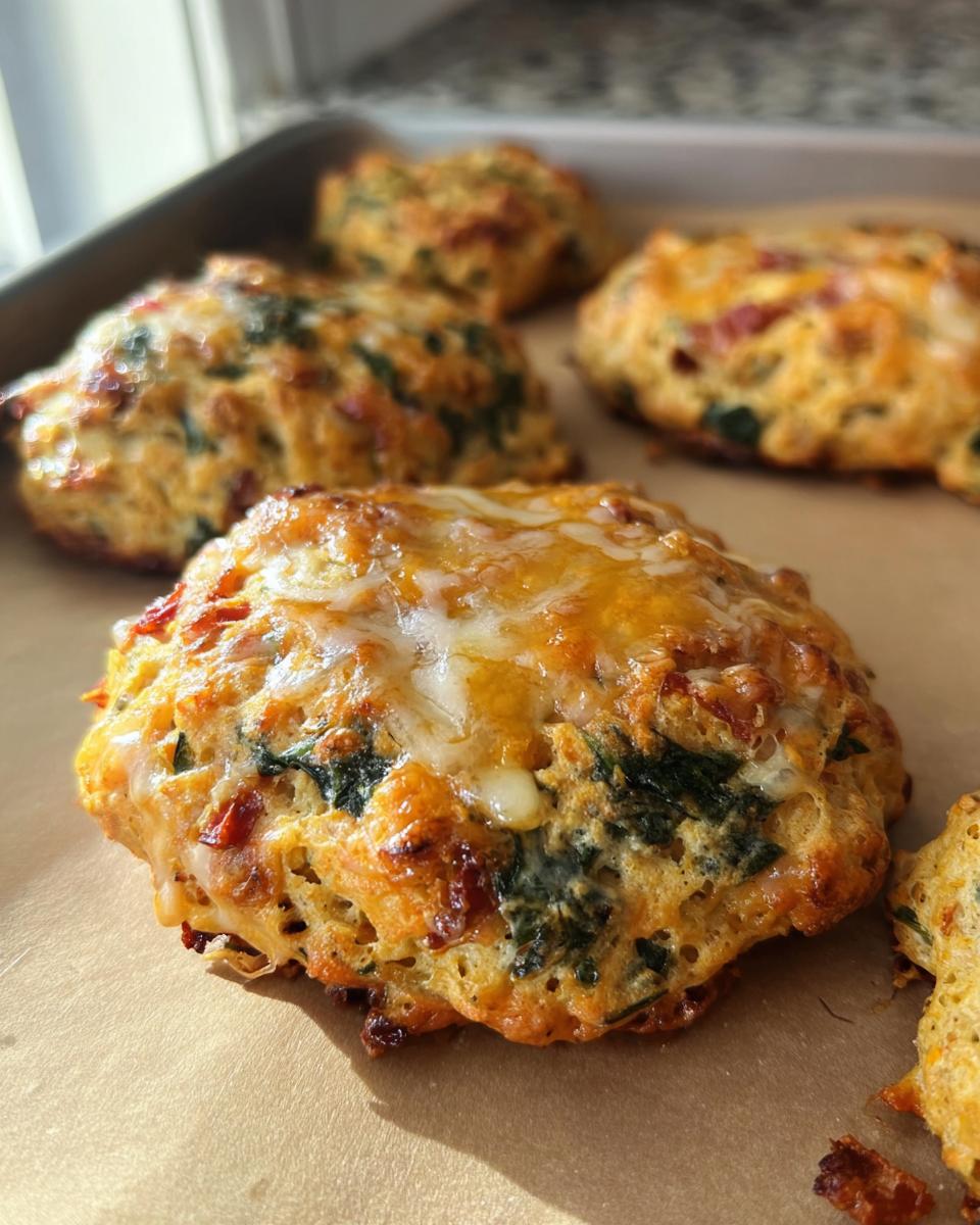 Close-up of freshly baked High Protein Breakfast Biscuits topped with melted cheese and visible spinach.