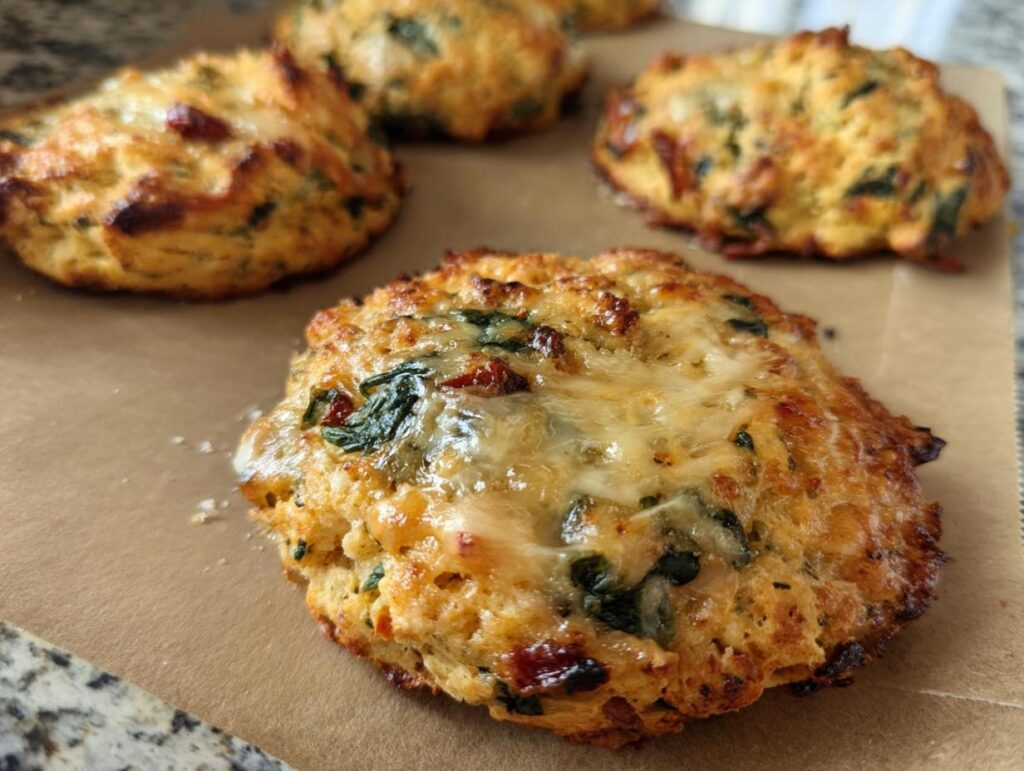 Close-up of golden brown High Protein Breakfast Biscuits topped with melted cheese and visible spinach and sun-dried tomatoes.