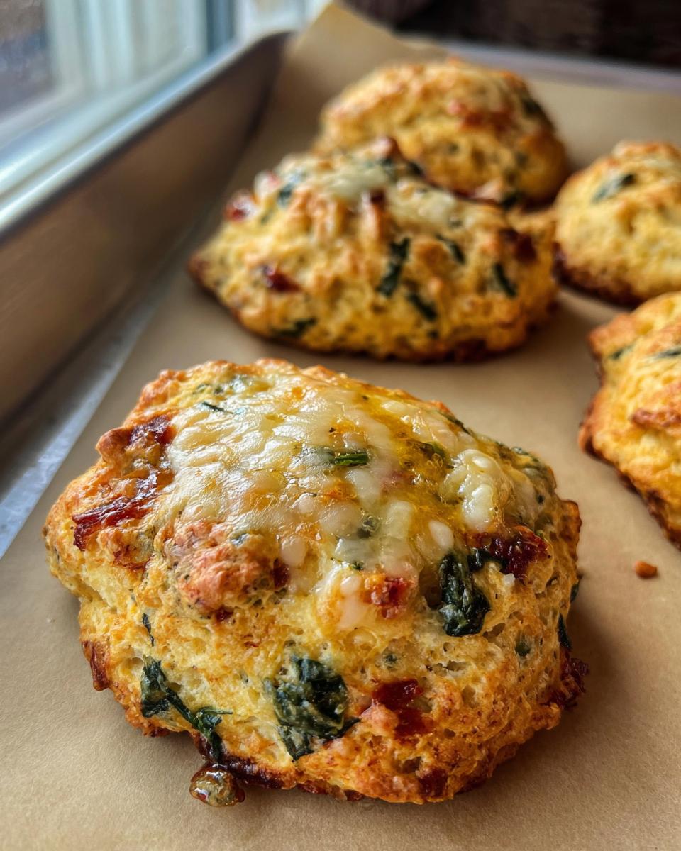 Close-up of a golden-brown High Protein Breakfast Biscuit topped with melted cheese and visible spinach.
