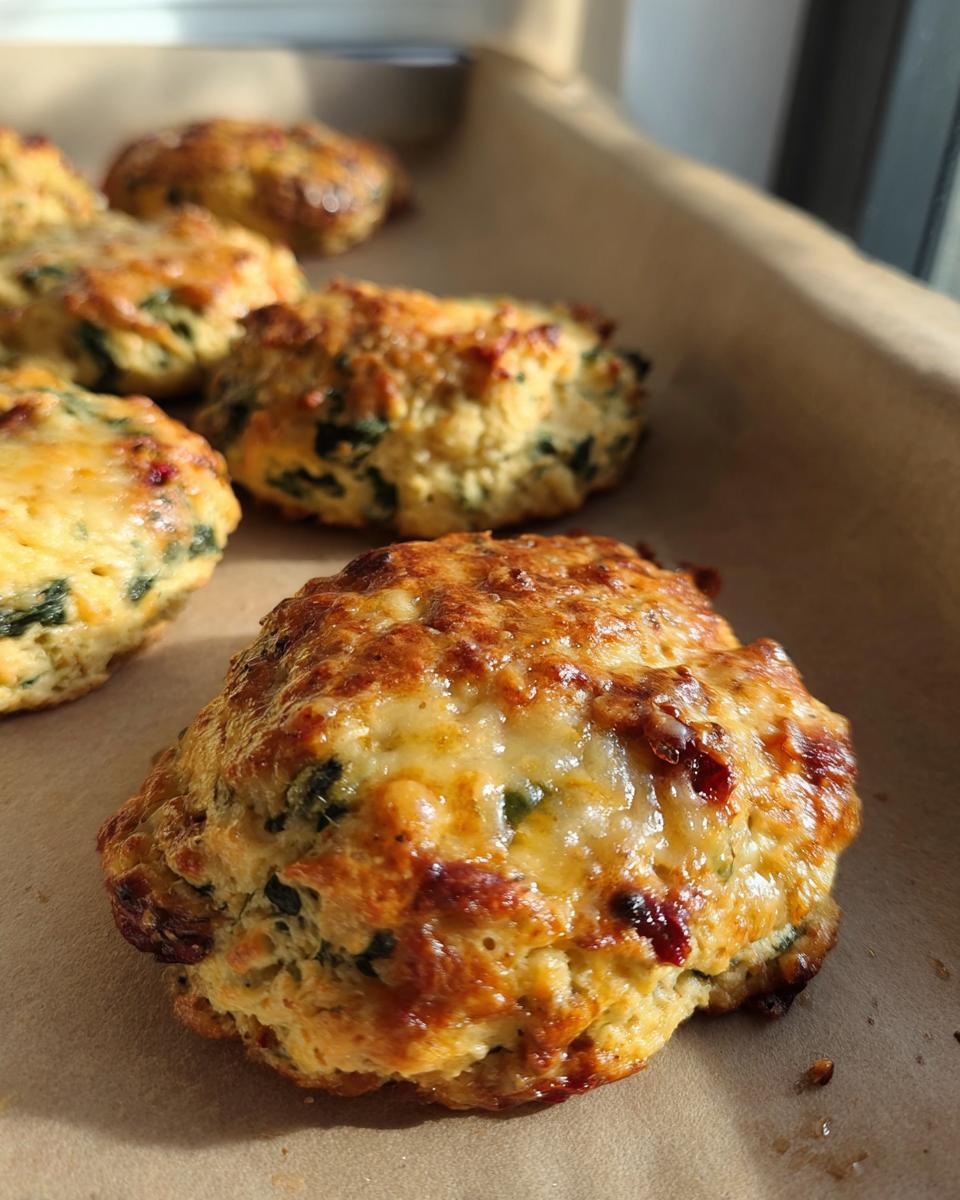Close-up of golden-brown High Protein Breakfast Biscuits with visible cheese and herbs.