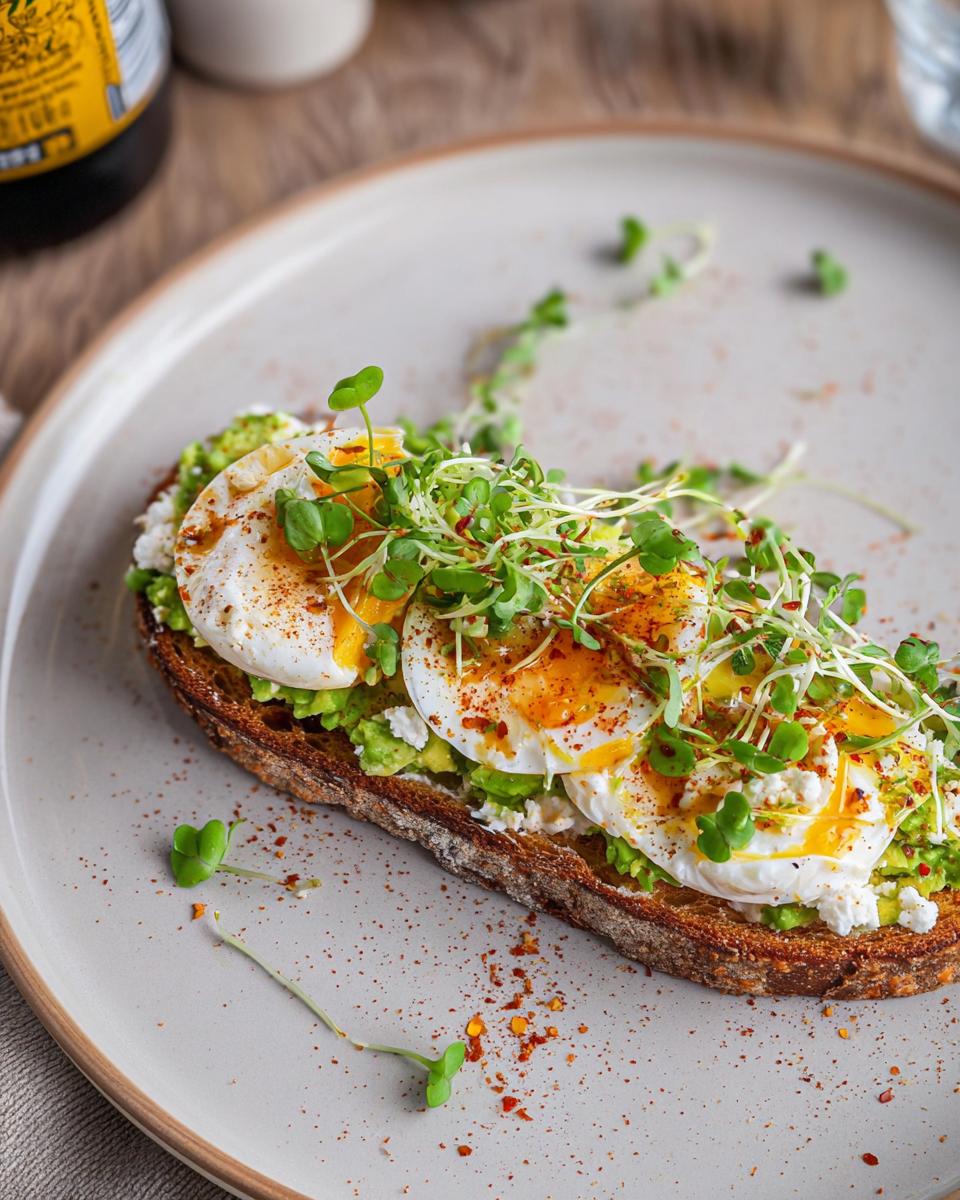 A delicious high-protein breakfast toast topped with mashed avocado, cottage cheese, poached eggs, and microgreens.