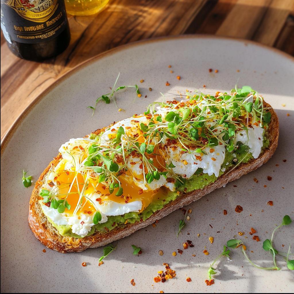 A high-protein breakfast wrap featuring cottage cheese, mashed avocado, a perfectly poached egg, and microgreens on toasted bread.
