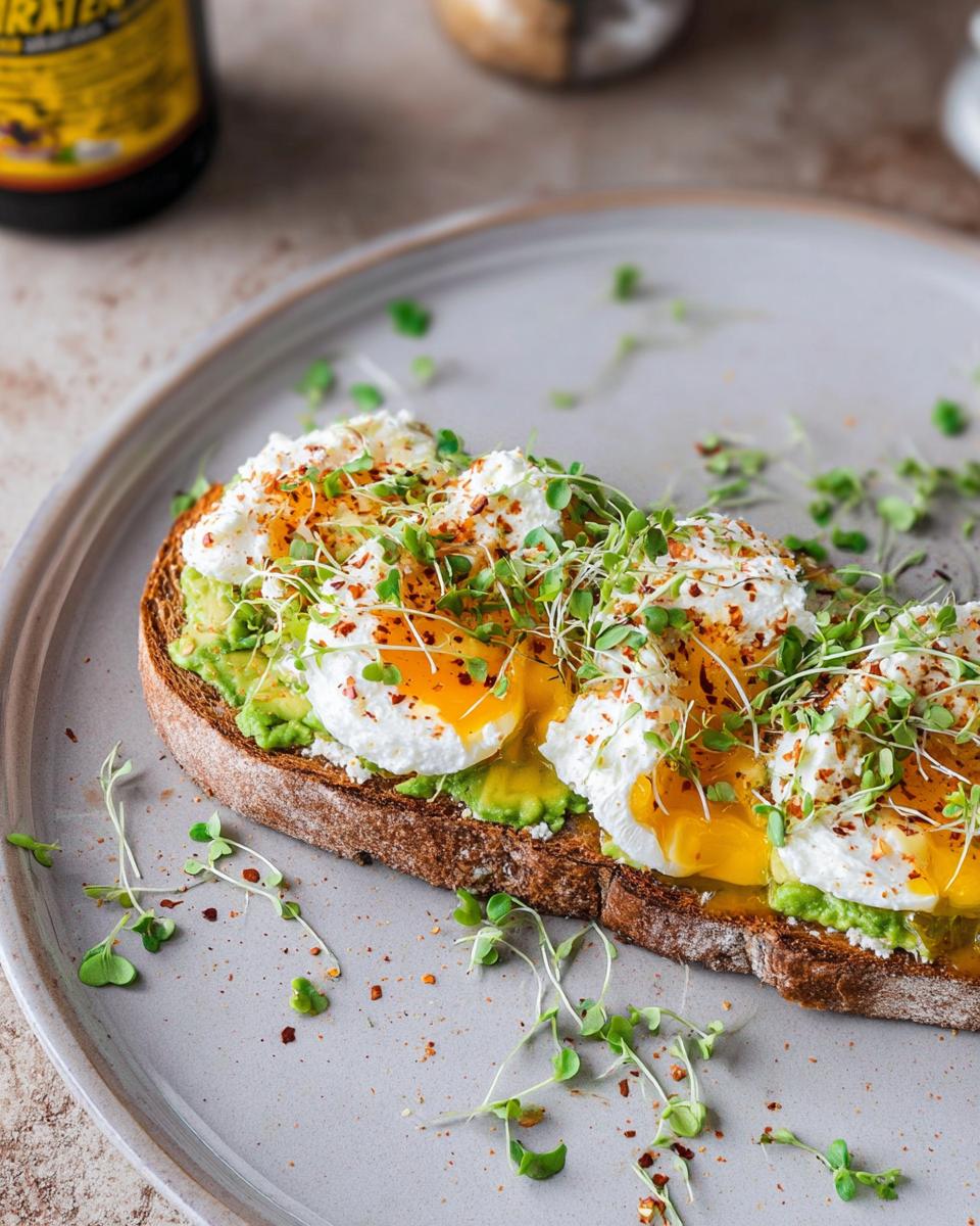 A high-protein breakfast wrap with cottage cheese and avocado, topped with poached eggs and sprouts.
