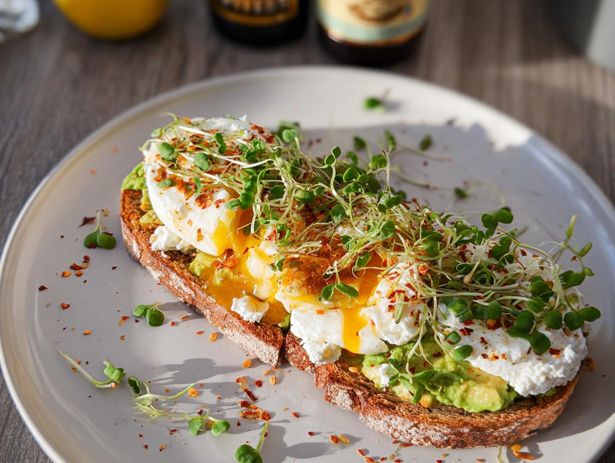 A high-protein breakfast wrap featuring cottage cheese, avocado, and a perfectly poached egg on toasted bread, topped with sprouts.