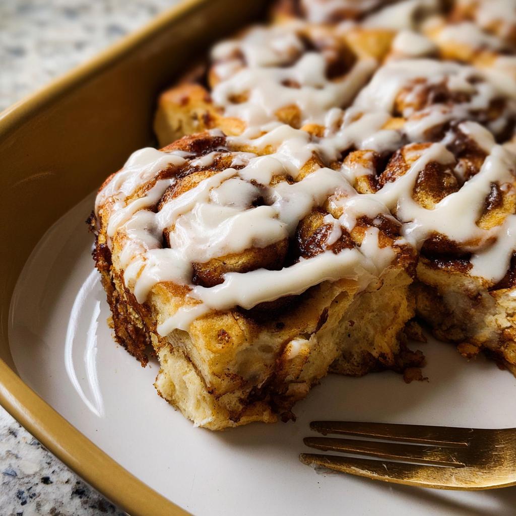 Close-up of a slice of High-Protein Cinnamon Roll Bread, drizzled with white icing.