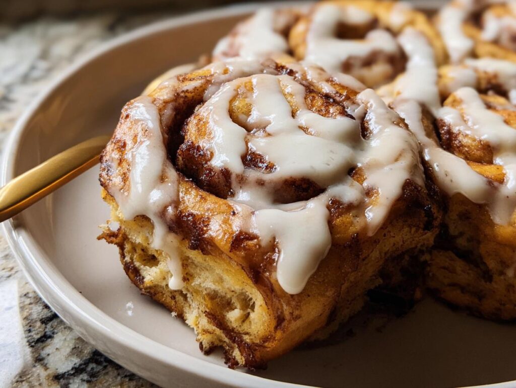 Close-up of a slice of high-protein cinnamon roll bread, drizzled with icing. Made with cottage cheese.
