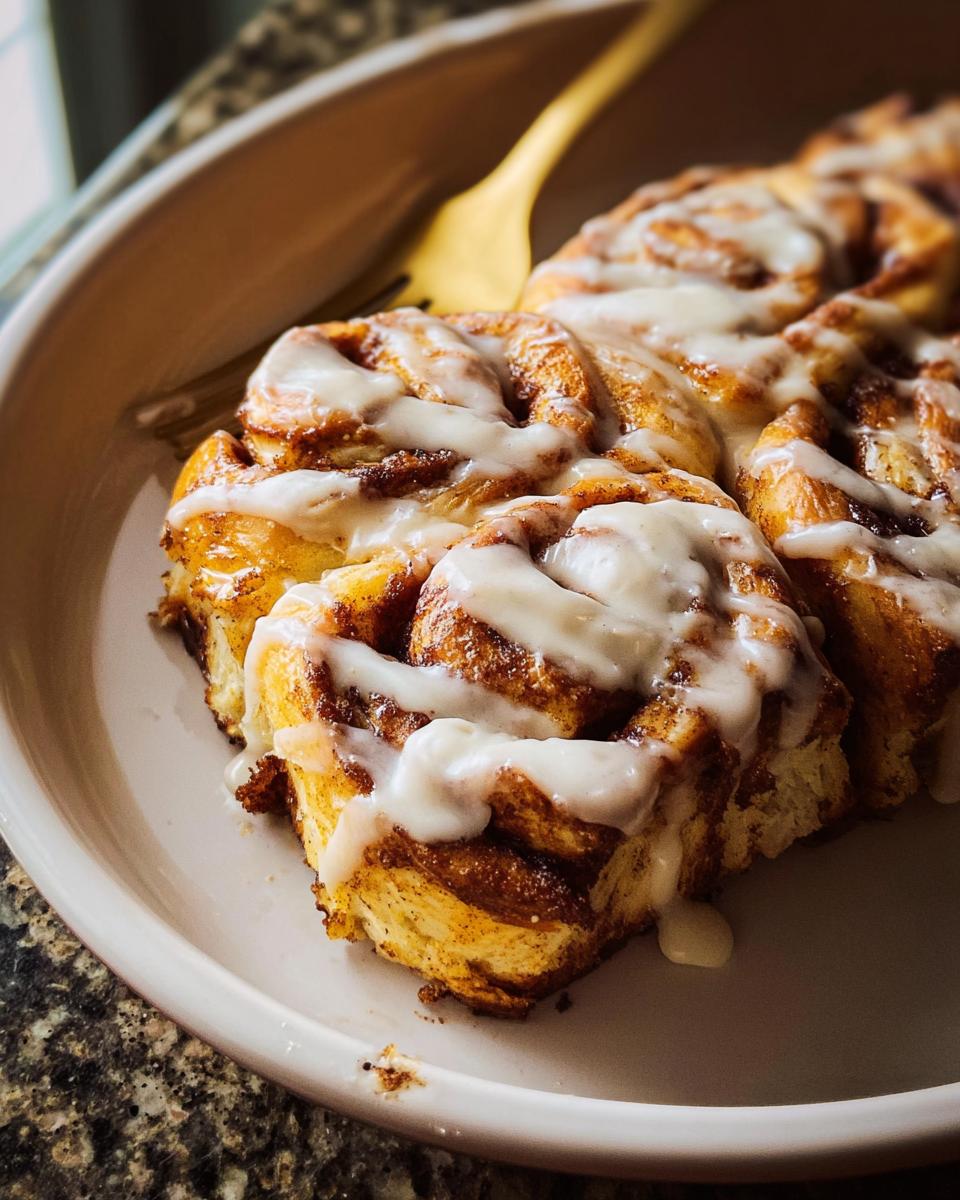 Close-up of fluffy High-Protein Cinnamon Roll Bread swirled with cinnamon and drizzled with icing.