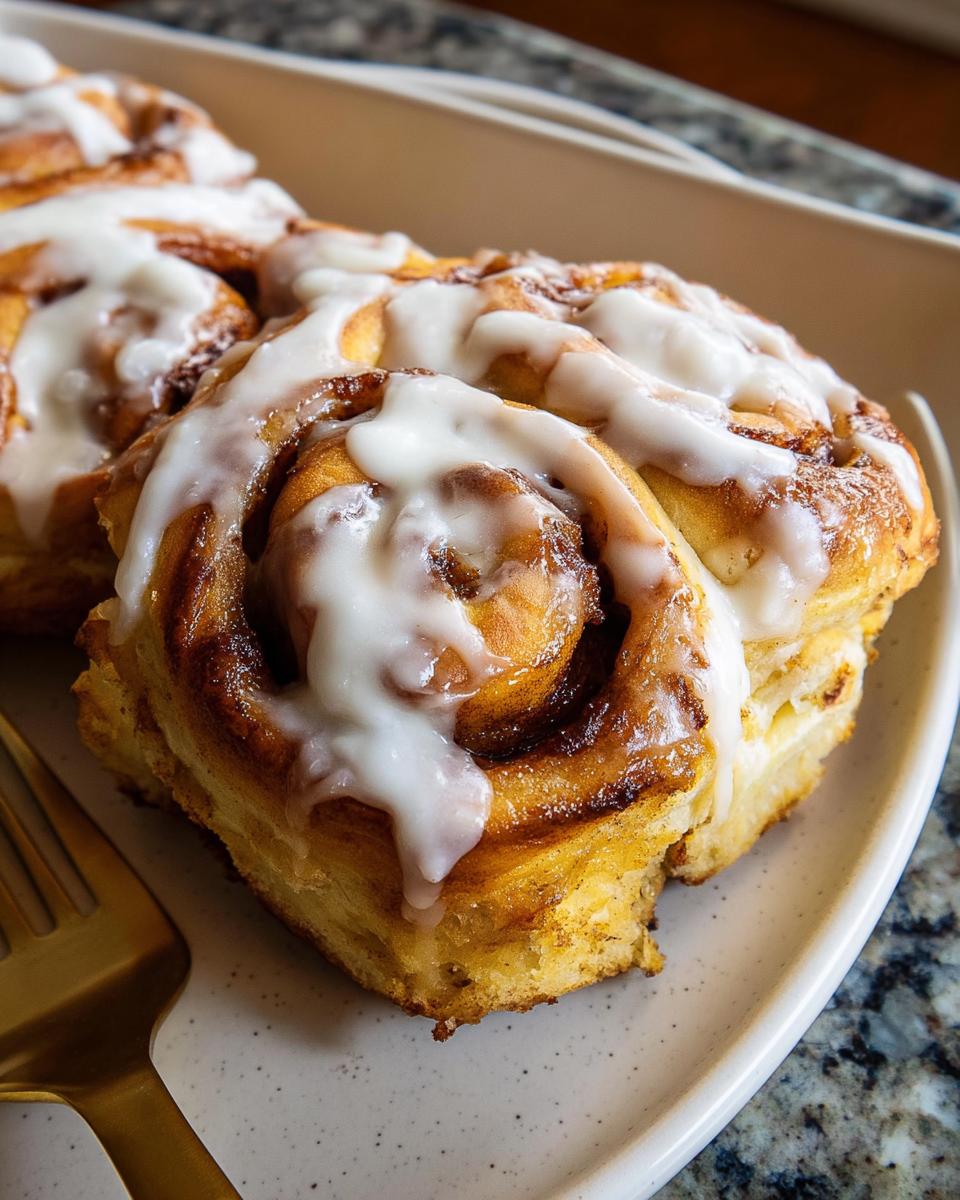Close-up of a fluffy High-Protein Cinnamon Roll Bread swirl topped with white icing.