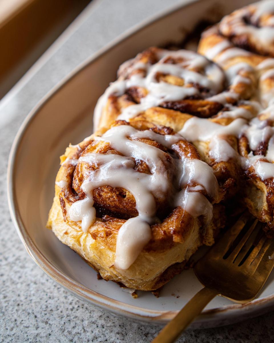 Close-up of delicious High-Protein Cinnamon Roll Bread, drizzled with white icing.