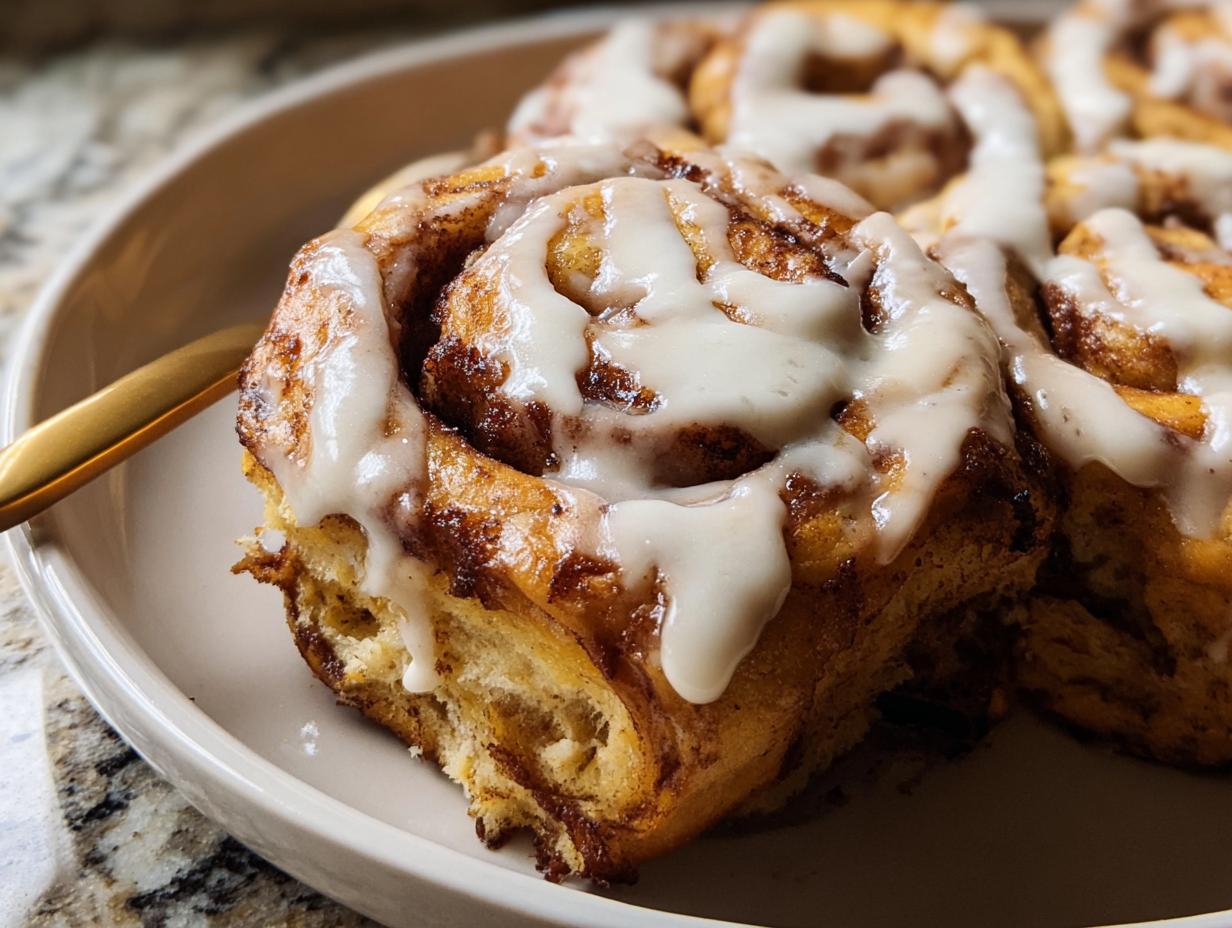 Close-up of a slice of high-protein cinnamon roll bread, drizzled with icing. Made with cottage cheese.
