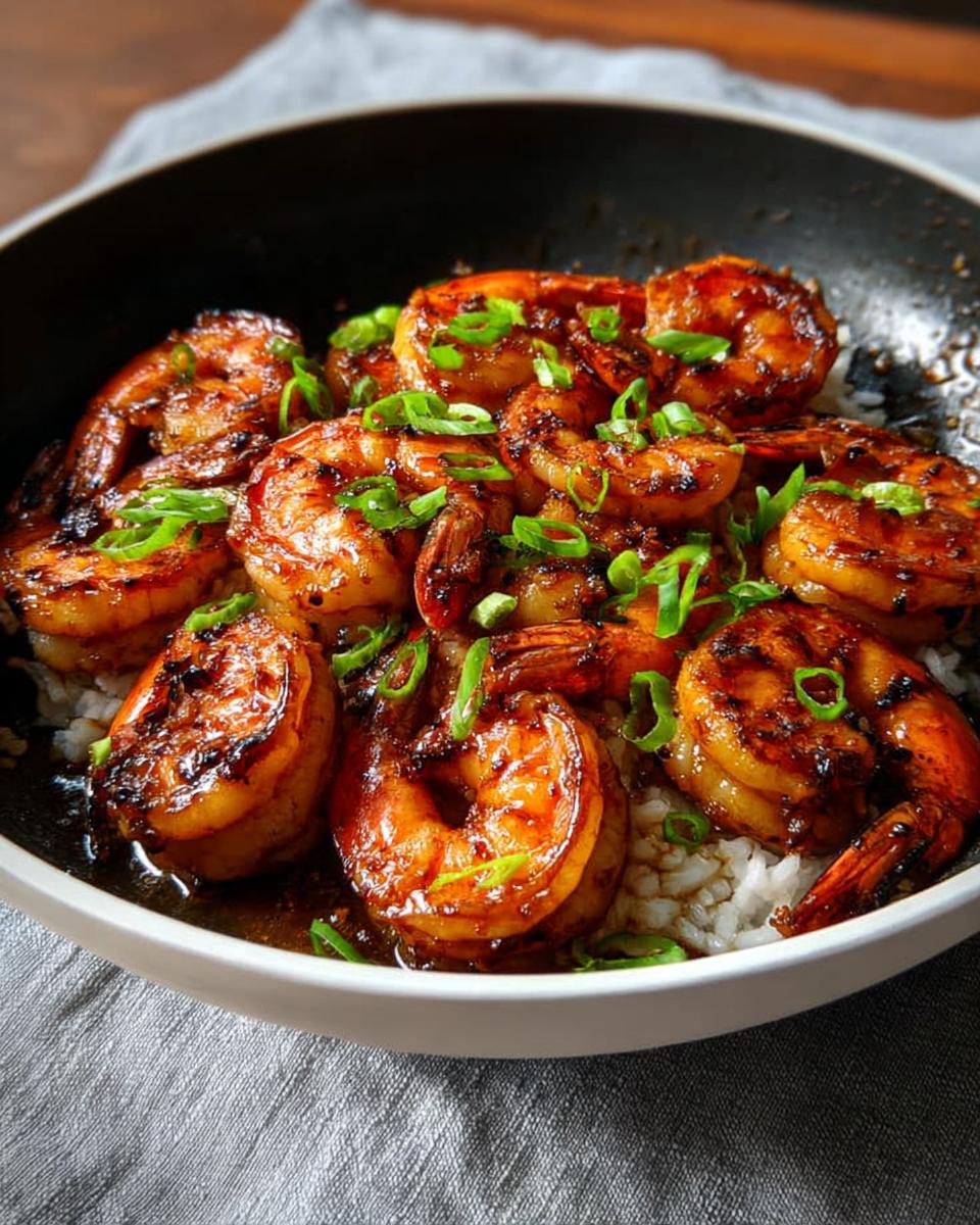 A close-up of glossy, pan-seared High-Protein Honey Garlic Shrimp served over white rice and garnished with chopped green onions.
