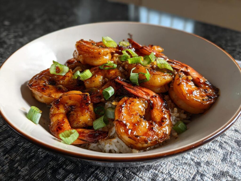 A close-up of a bowl filled with fluffy white rice topped with glistening High-Protein Honey Garlic Shrimp and chopped green onions.