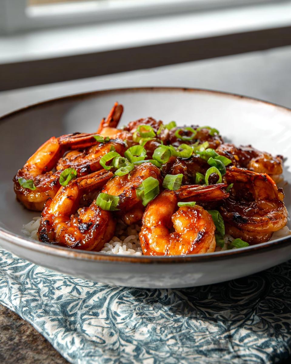 A close-up of a bowl filled with fluffy white rice and topped with glistening High-Protein Honey Garlic Shrimp, garnished with chopped green onions.