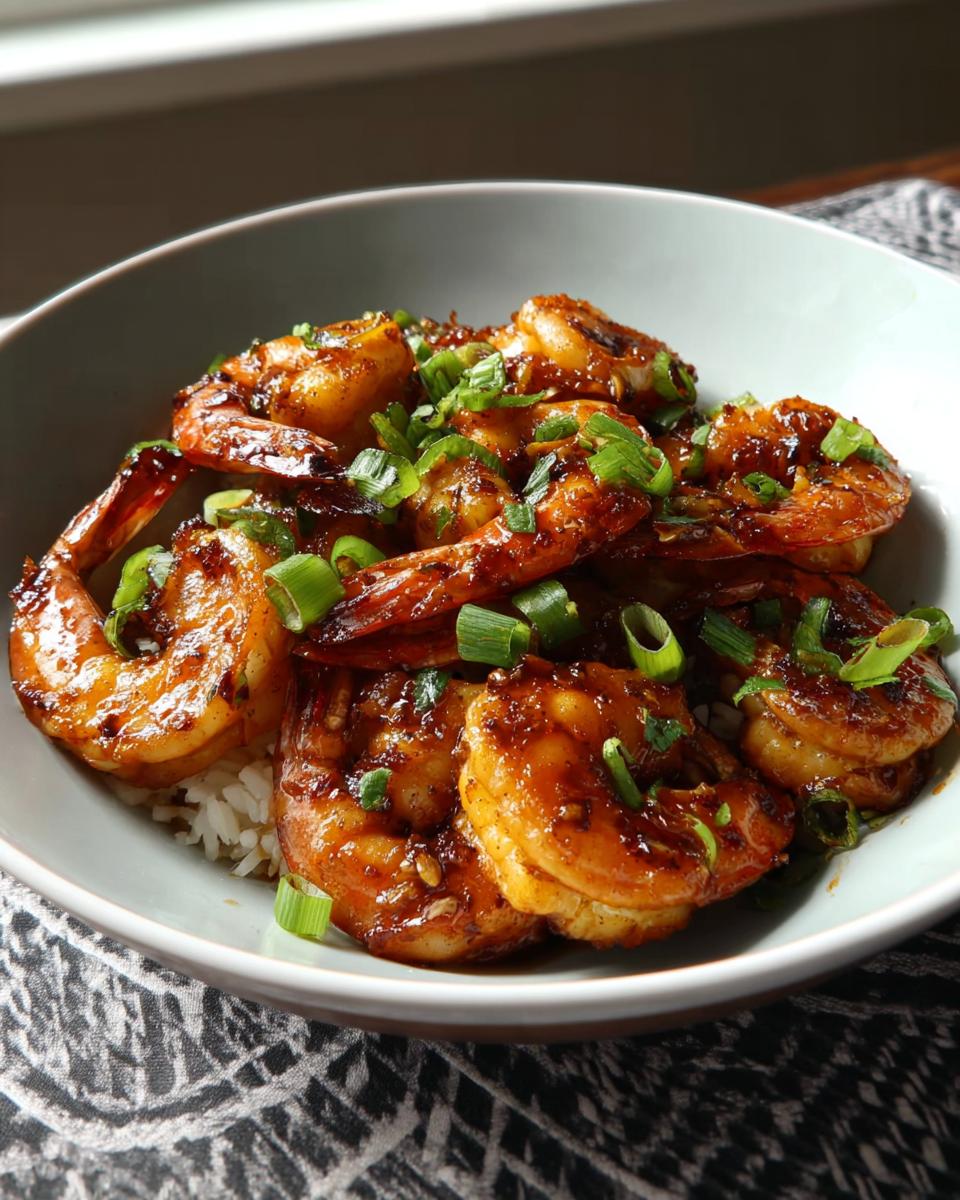 A bowl of fluffy white rice topped with glistening High-Protein Honey Garlic Shrimp and chopped green onions.