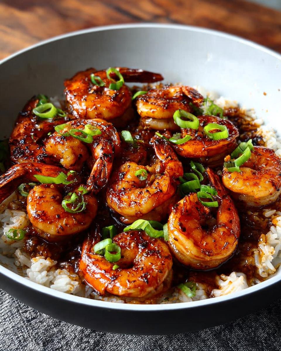 A close-up of a bowl filled with fluffy white rice topped with glistening High-Protein Honey Garlic Shrimp and chopped green onions.
