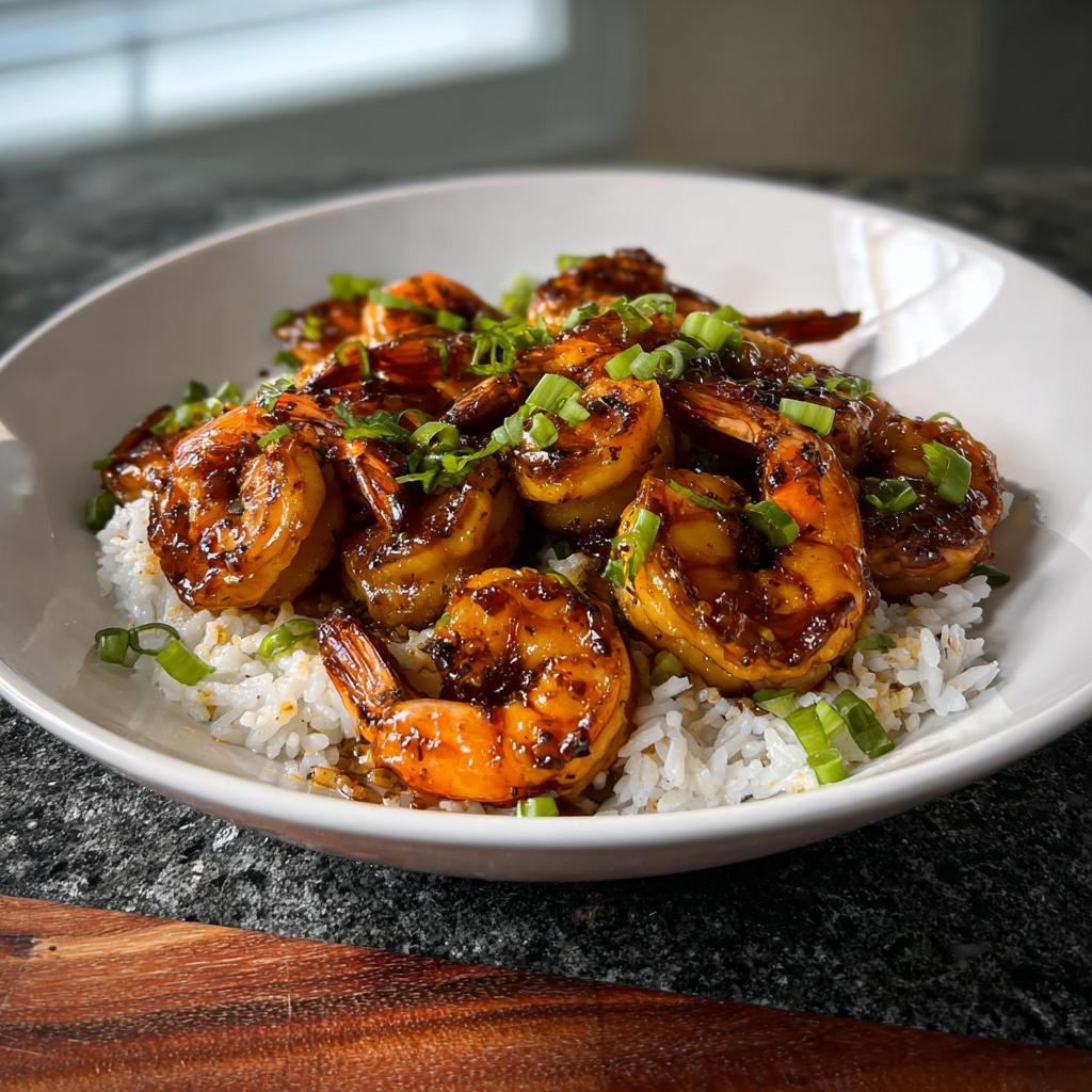 A bowl of fluffy white rice topped with glistening High-Protein Honey Garlic Shrimp, garnished with chopped green onions.