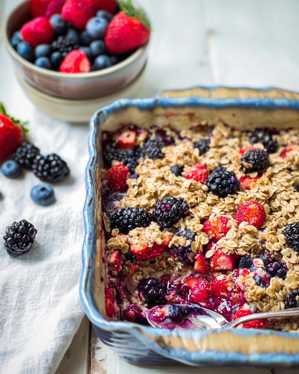A close-up of a High Protein Triple Berry Bake in a blue dish, topped with oats and fresh berries.