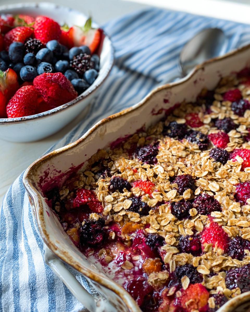 A close-up of a High Protein Triple Berry Bake in a ceramic dish, topped with oats and mixed berries.
