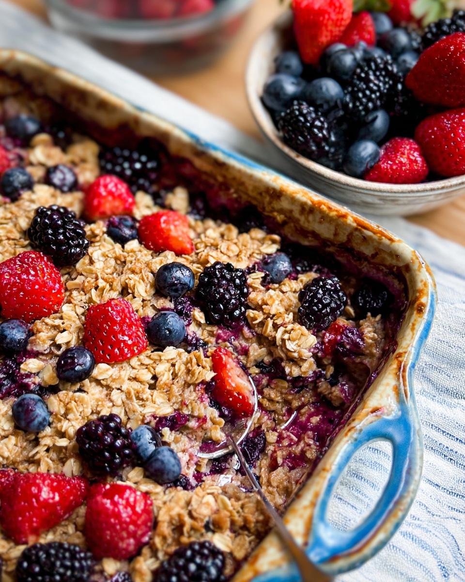 A close-up of a High Protein Triple Berry Bake in a blue-rimmed dish, topped with fresh berries and granola.