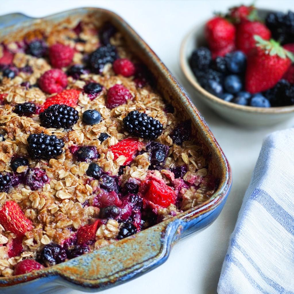 A close-up of a High Protein Triple Berry Bake in a blue baking dish, topped with oats and fresh berries.