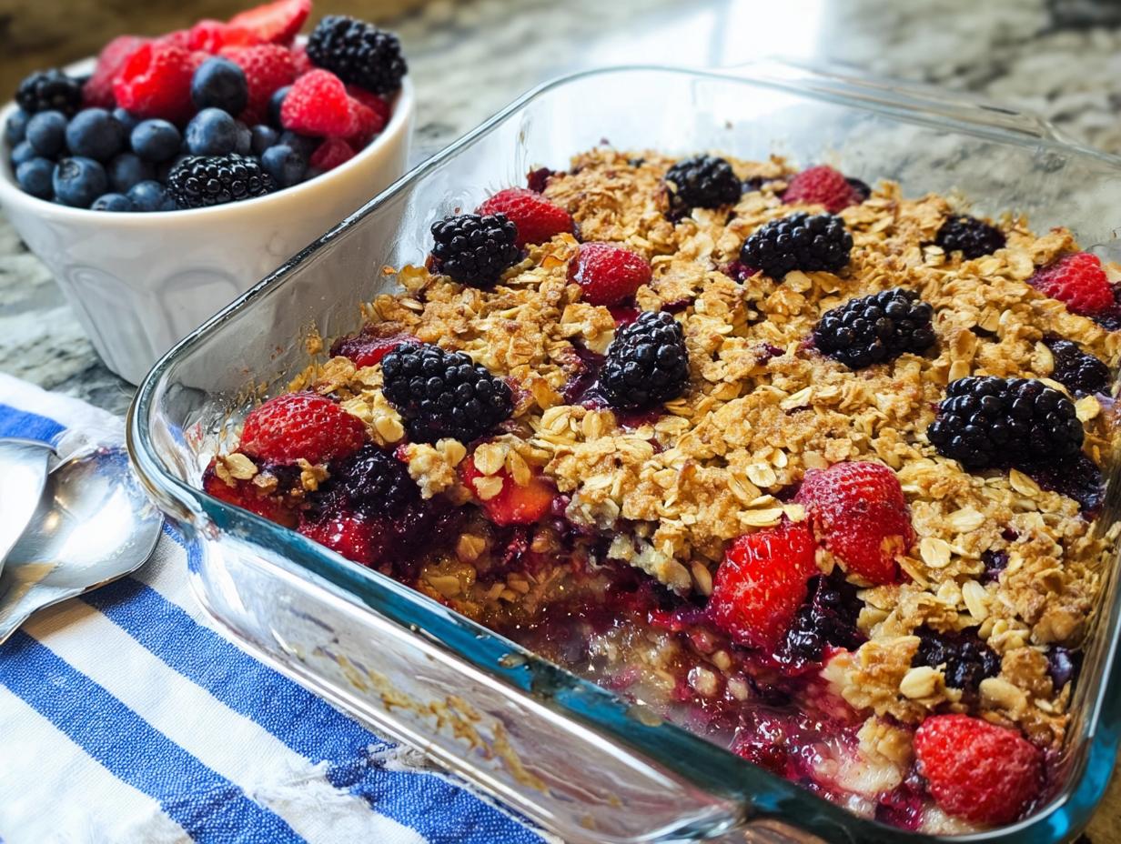 A freshly baked High Protein Triple Berry Bake in a glass dish, topped with whole berries and a crumble topping.