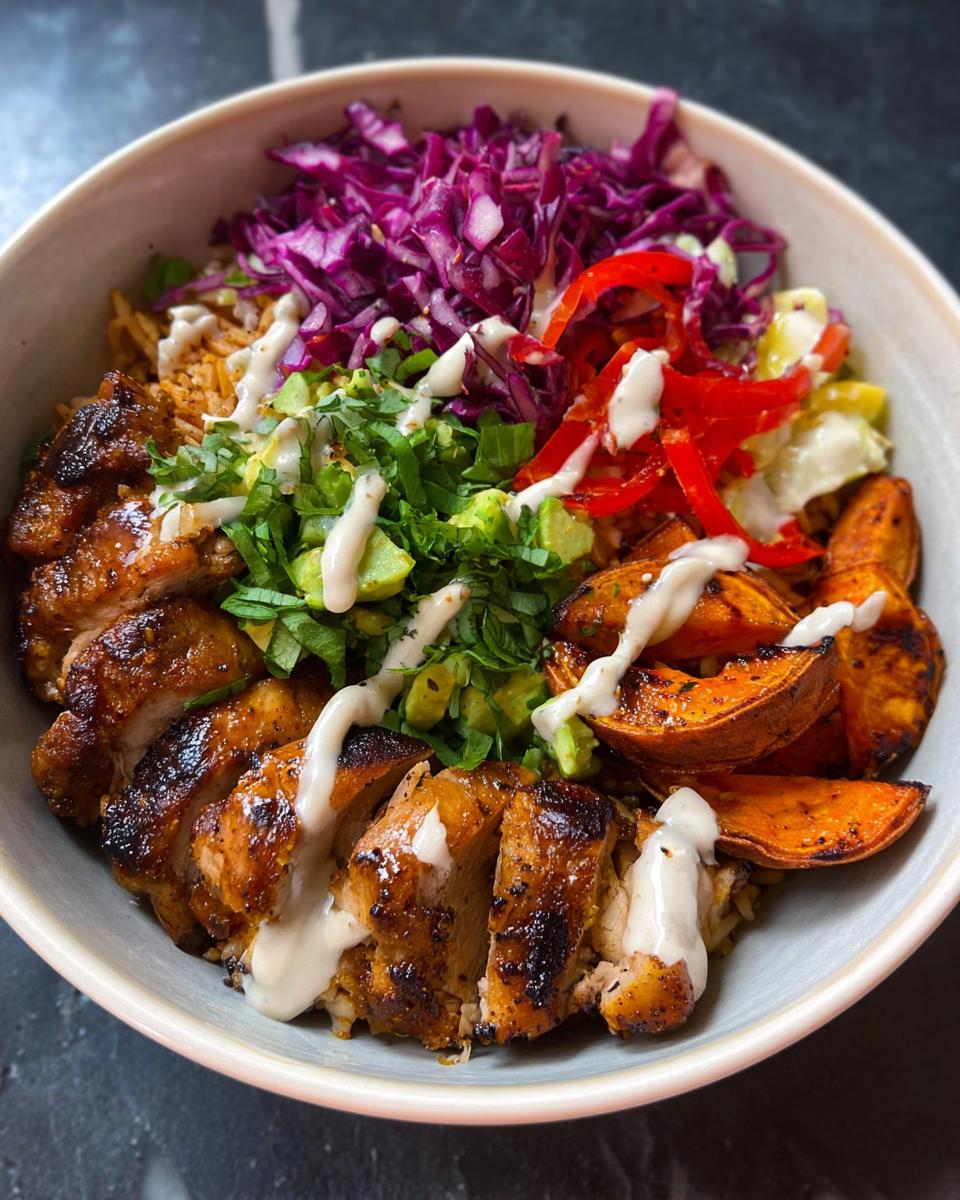 A vibrant Hot Honey Chicken Bowl filled with sliced chicken, rice, sweet potato wedges, red cabbage, avocado, and red bell peppers, drizzled with sauce.