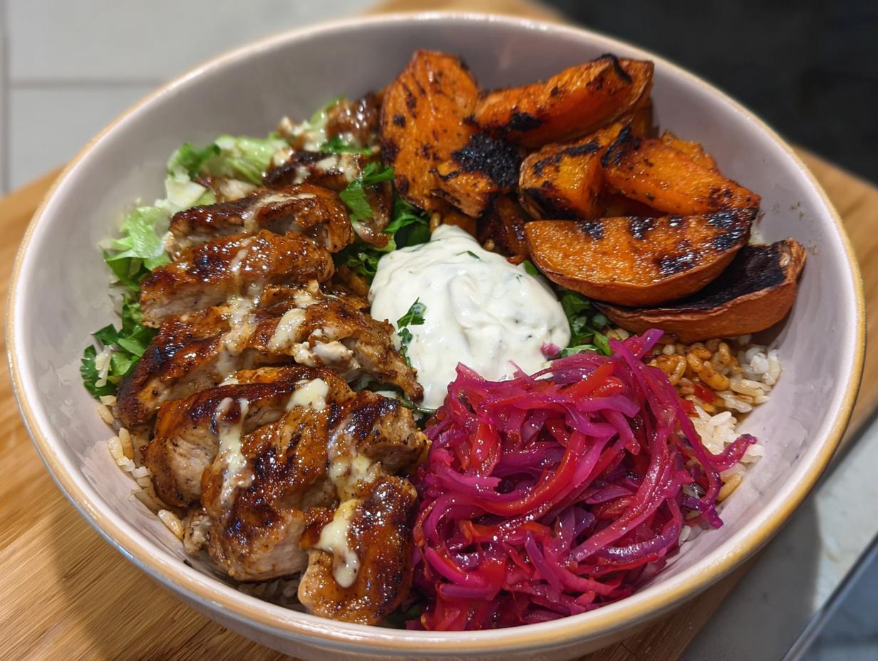 A delicious Hot Honey Chicken Bowl featuring sliced chicken, roasted sweet potatoes, rice, pickled onions, and a creamy sauce.