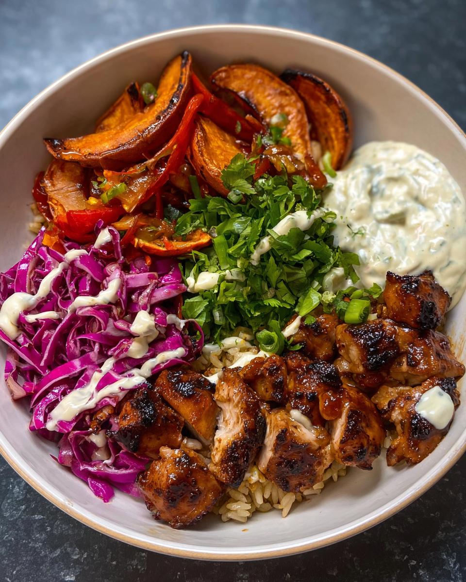 A delicious Hot Honey Chicken Bowl featuring glazed chicken, roasted sweet potatoes, red cabbage slaw, and a creamy sauce.