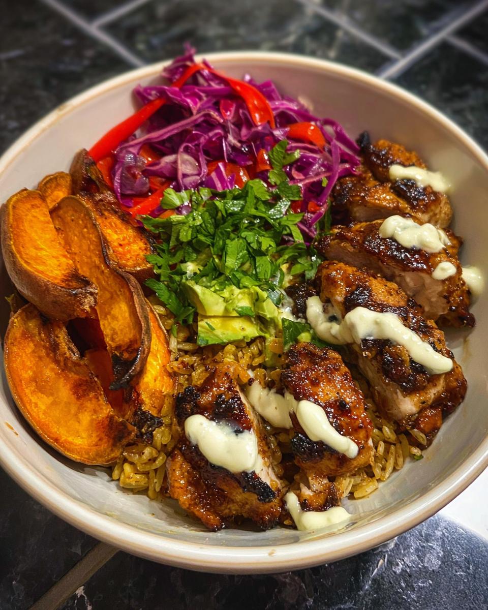 A vibrant Hot Honey Chicken Bowl featuring glazed chicken, roasted sweet potato wedges, rice, avocado, and red cabbage slaw.