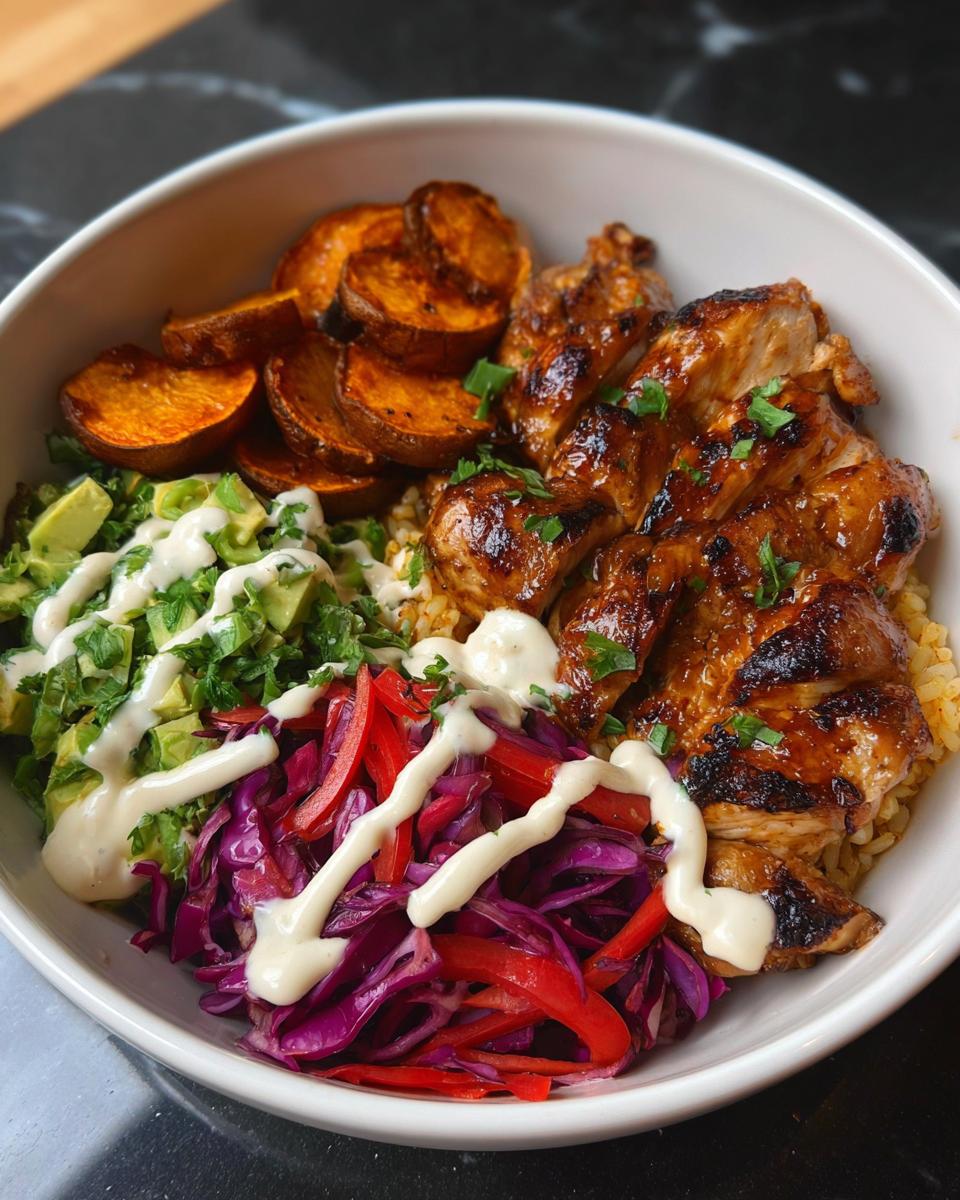 A delicious Hot Honey Chicken Bowl Recipe featuring grilled chicken, sweet potatoes, avocado, and red cabbage with a creamy dressing.