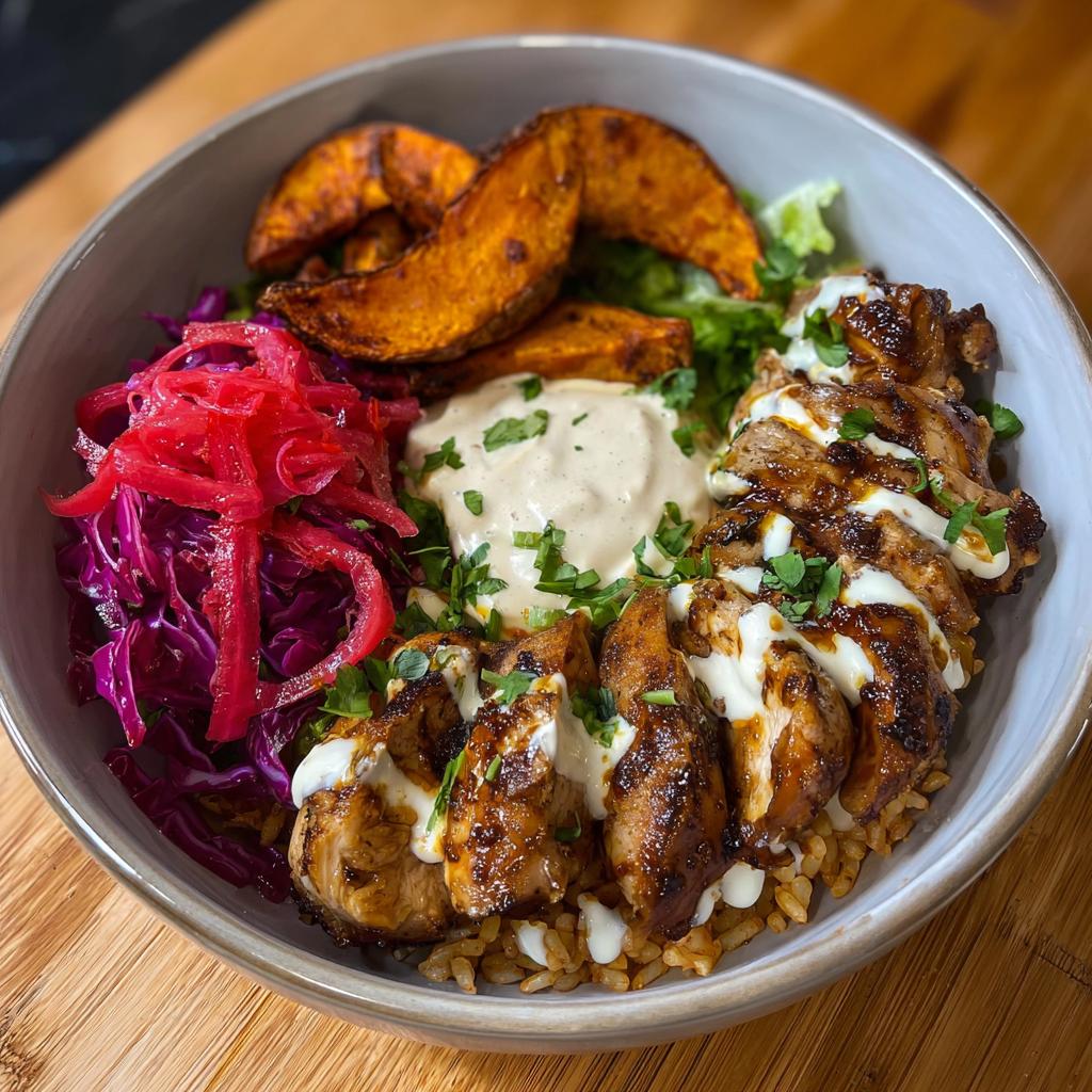 A vibrant Hot Honey Chicken Bowl Recipe featuring sliced chicken, rice, sweet potato wedges, pickled red cabbage, and a creamy sauce.