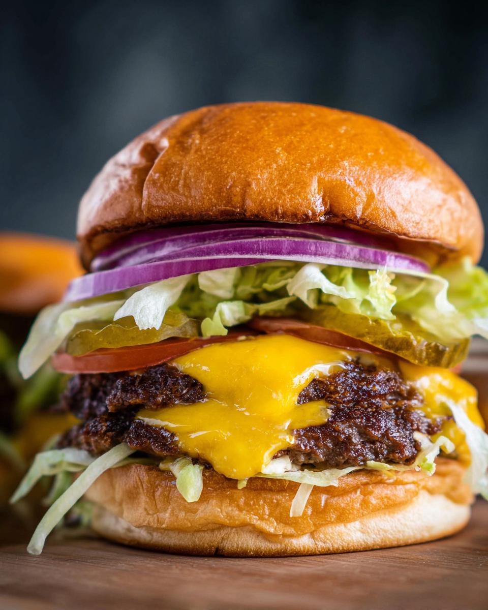 Close-up of an irresistible smash burger with two beef patties, melted cheddar cheese, lettuce, tomato, pickles, and red onion.