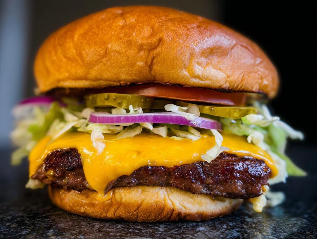 Close-up of an irresistible smash burger with melted cheese, lettuce, tomato, pickles, and red onion.