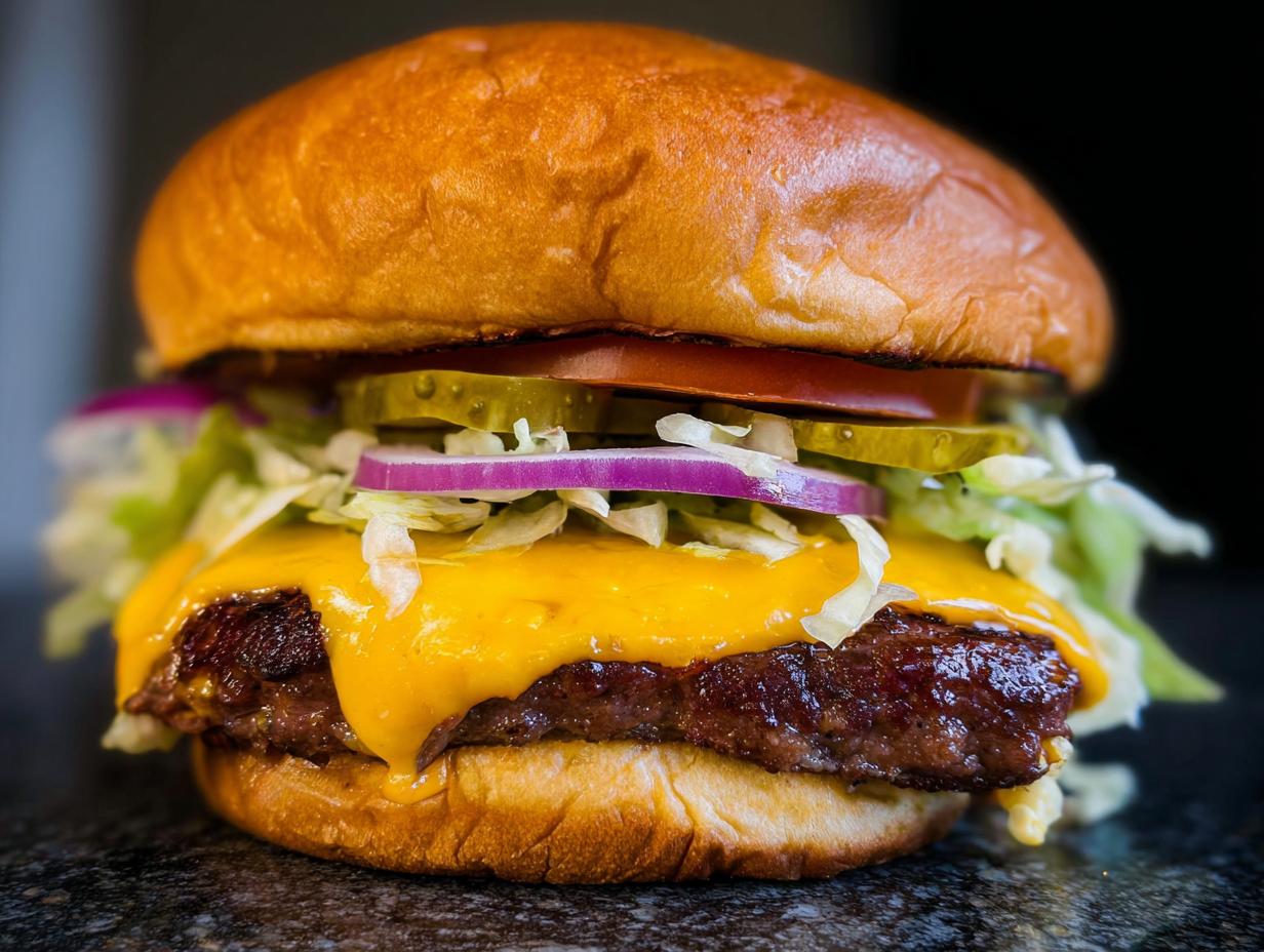 Close-up of an irresistible smash burger with melted cheese, lettuce, tomato, pickles, and red onion.