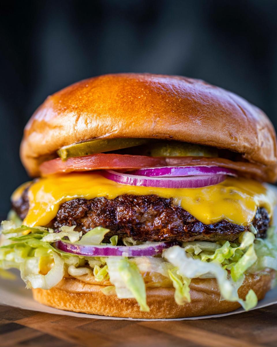Close-up of an irresistible smash burger with melted cheese, lettuce, tomato, onion, and pickles.