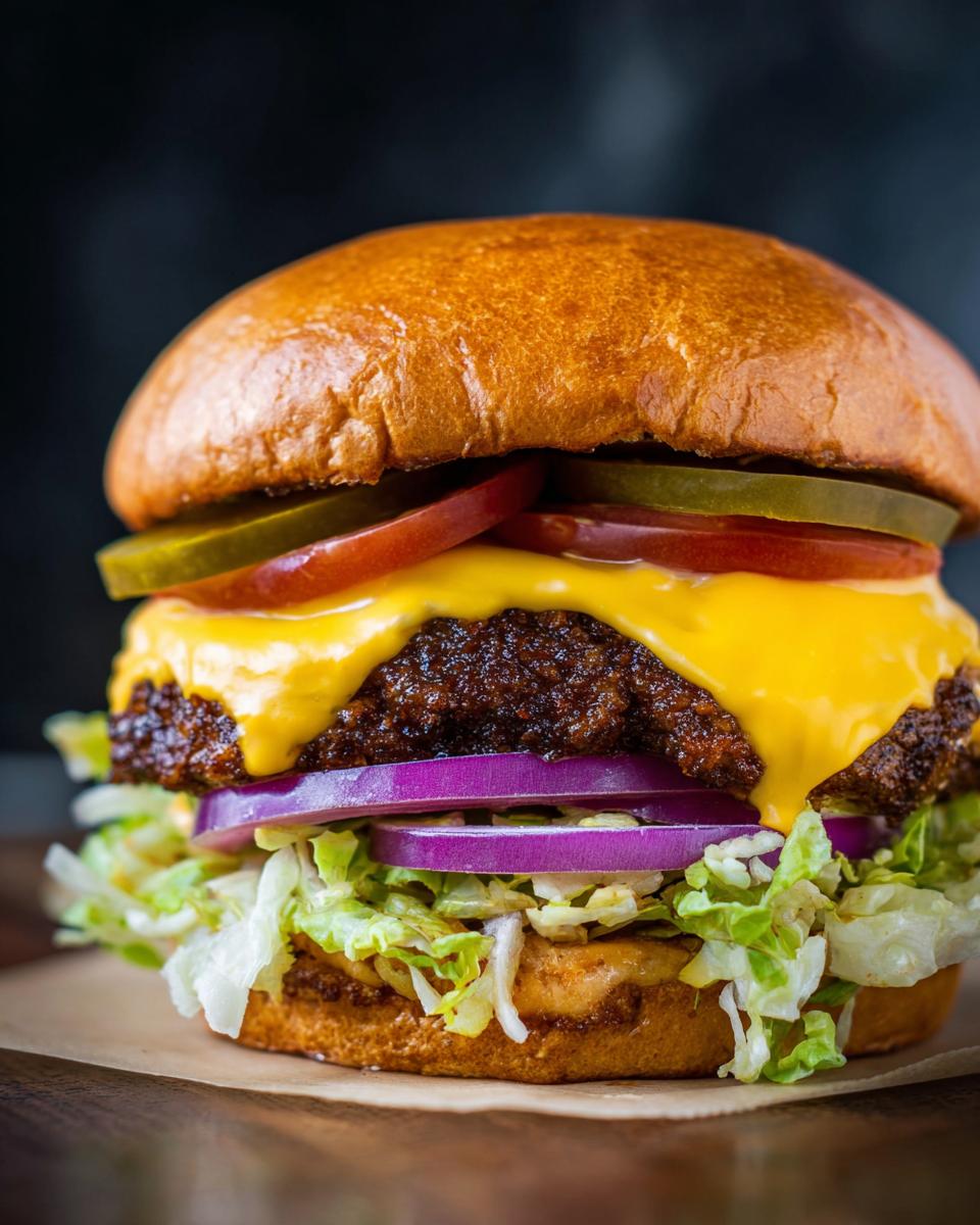 A juicy, Irresistible Smash Burger with melted cheese, pickles, tomatoes, red onion, and lettuce.
