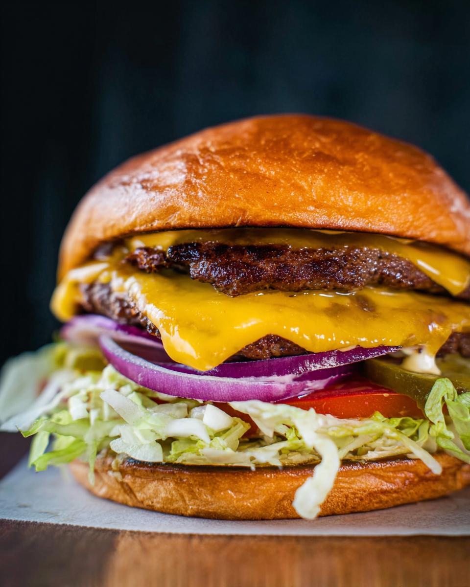 Close-up of an irresistible smash burger with two beef patties, melted cheese, lettuce, tomato, onion, and pickles.