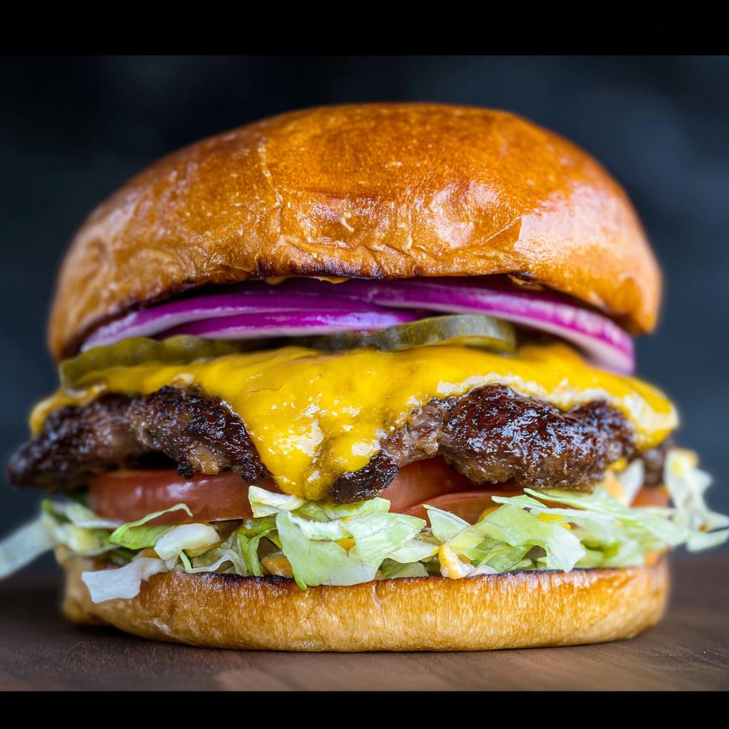 A close-up of an irresistible smash burger with melted cheese, red onion, pickles, lettuce, and tomato on a brioche bun.